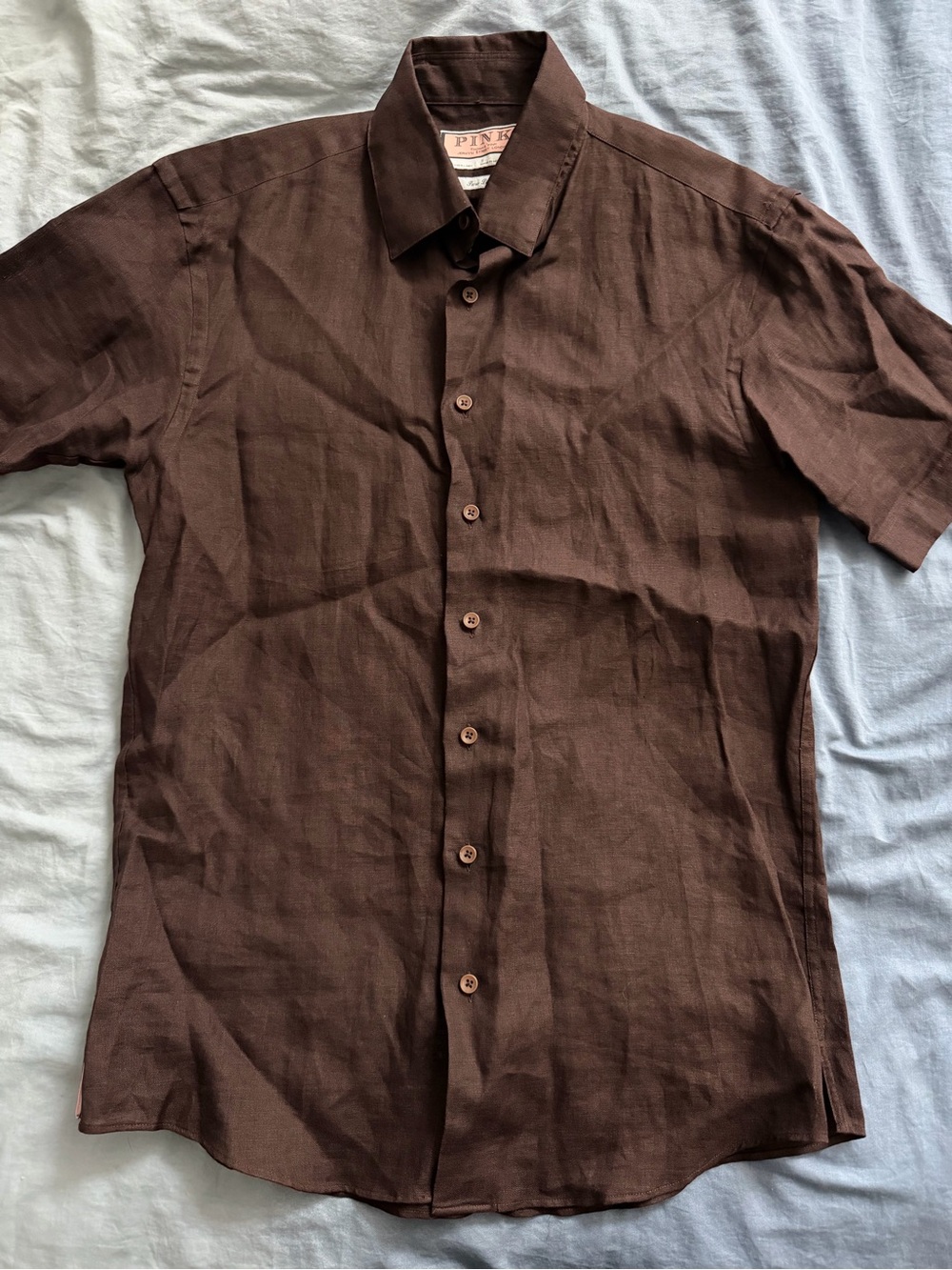 Thomas Pink Men’s 100% Linen Brown Short-Sleeve Button-Down Shirt
